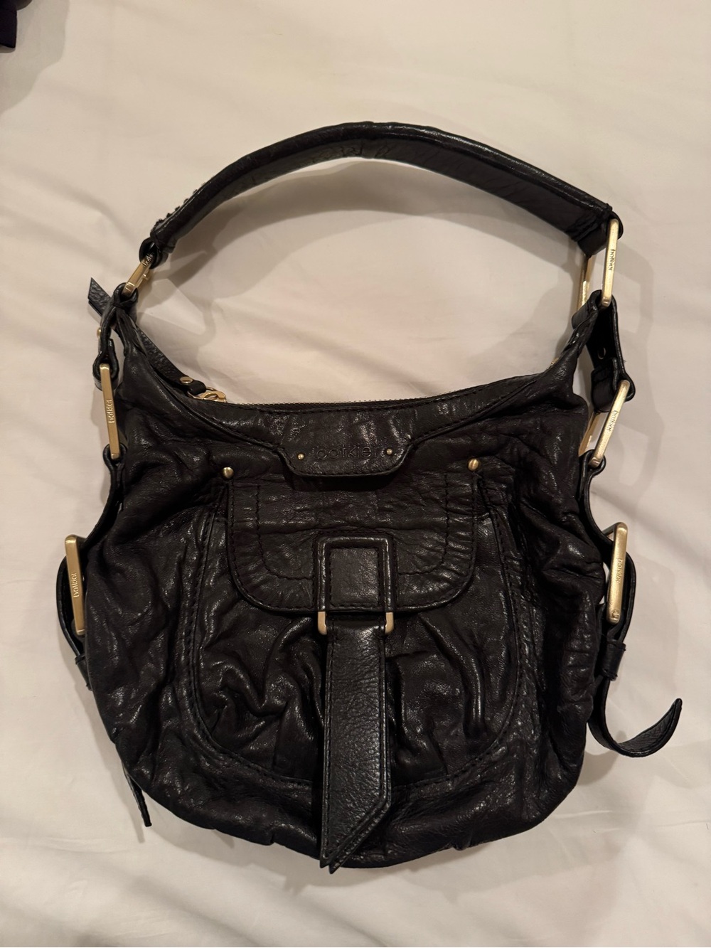 Black Leather Shoulder Bag with Gold Accents